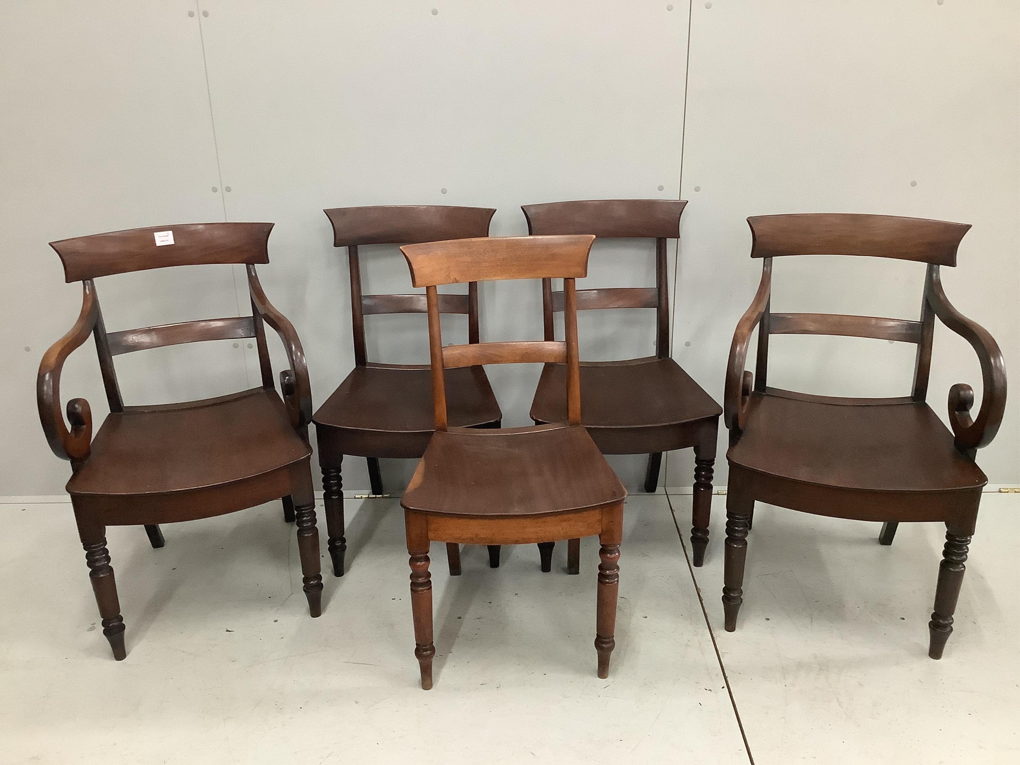 Five Regency mahogany wood seat dining chairs, two with arms. Condition - fair to good